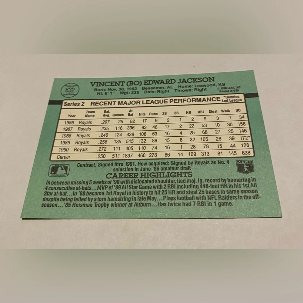 Bo Jackson 1991 Error Donruss Baseball Card # 632 (No dot after inc) Vintage
